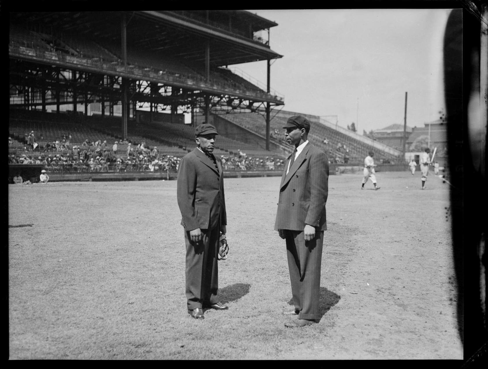 Negro League baseball umpires John Craig and Moe Harris, on Forbes Field CMOA Collection
