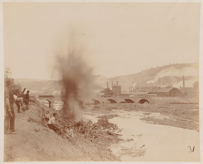 (Floods Workers Exploding Debris Near the Pennsylvania Railroad