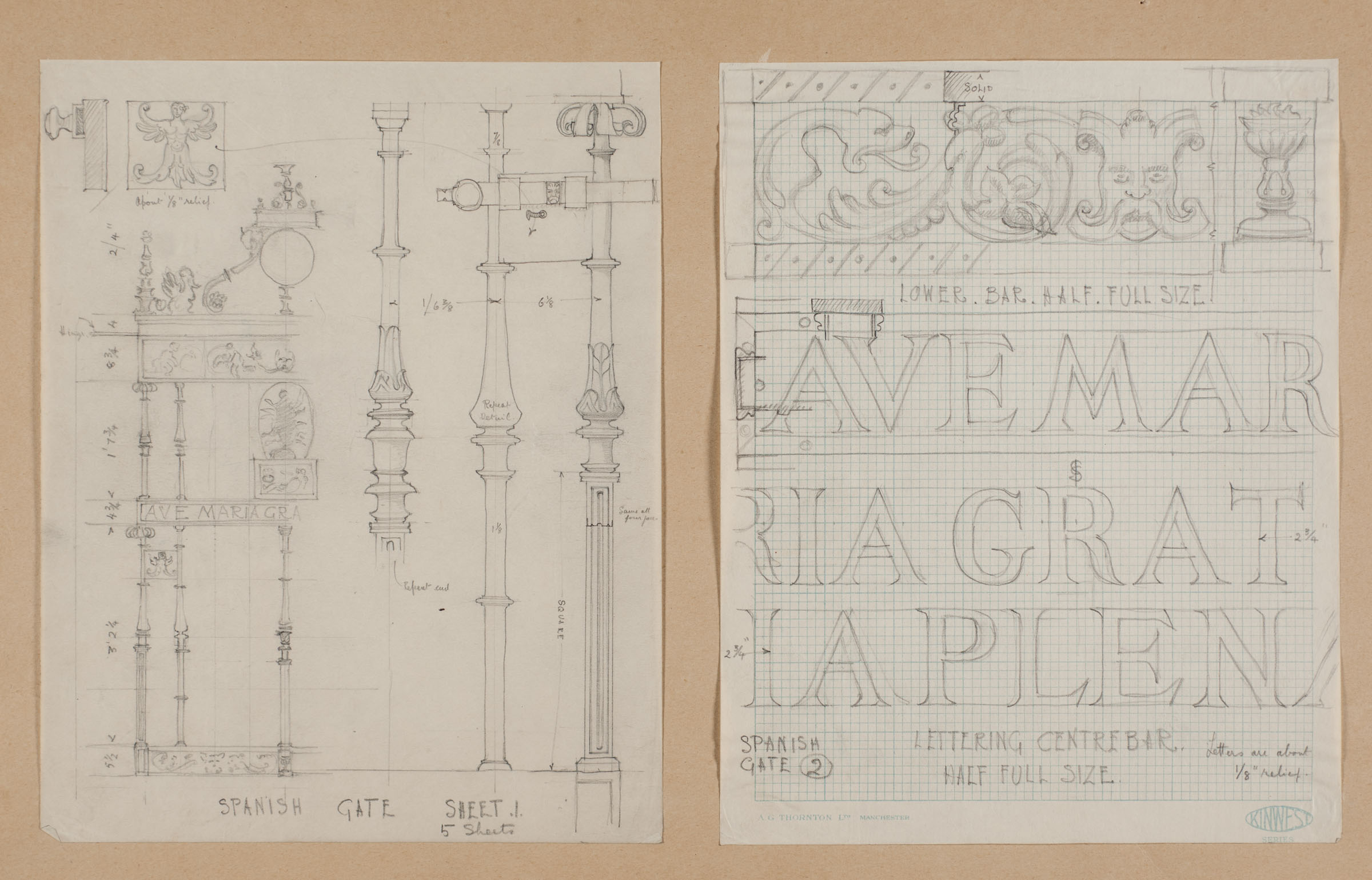 (left) Gate; Spanish Gate; [detail drawings]; (right) Gate; Spanish