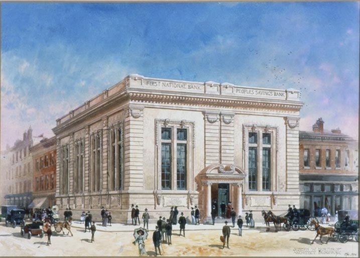 Bank; First National Bank, Bridgeport, CT; [exterior perspective CMOA